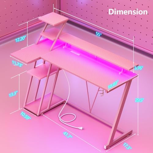 Korfile 55 Inch Pink Gaming Desk with LED Lights & Power Outlet, Gaming Computer Desk with Storage Shelves, L Shaped Gamer Workstations with Monitor Stand for Bedroom - Image 2