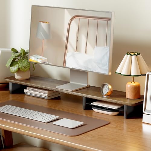 PEGZONE 46" Dual Monitor Riser, Metal Shelf Wooden Desk Organizer - Image 2