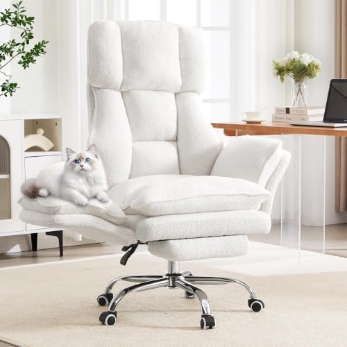 Big and Tall Office Chair with Flip Arms and Footrest, Teddy Criss Cross Legged Home Office Desk Chair with Pet Seat, Comfy Reclining Computer Gaming Chair, White by choairy