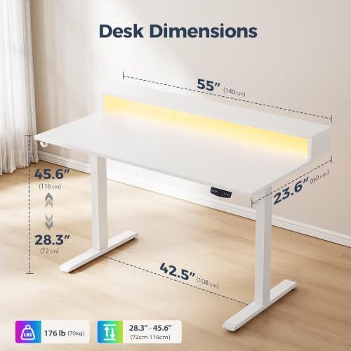 Klicelor Electric Standing Desk with Shelf, 55 Inch Height Adjustable Desk with Power Outlets & LED, Sit Stand Up Table with Monitor Stand, Computer Workstation for Home Office, White - Image 3