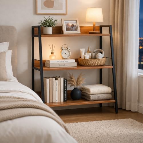 Ladder Shelf, 3 Tier Bookshelf, Small Bookshelf for Small Spaces, Wood and Metal Bookcase, Ladder Bookshelf, Modern Storage Shelf for Living Room and Office (Black, Ladder) - Image 4