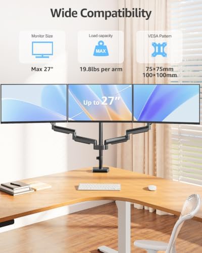 MOUNTUP Triple Monitor Stand Mount - 3 Monitors Desk Mount for Computer Screens Up to 27 inch, Triple Monitor Arm, Heavy Duty Monitors Stand, Each Arm Holds 4.4-19.8 lbs, Black - Image 2