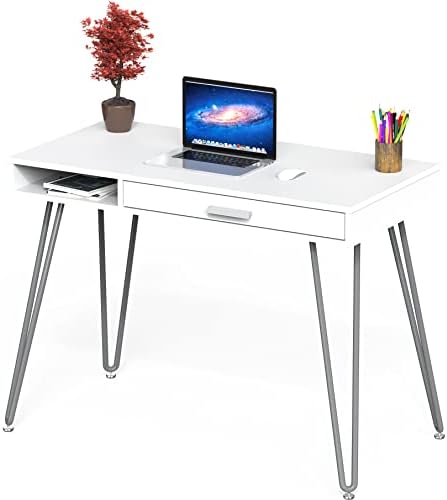 SHW Home Office Computer Hairpin Leg Desk with Drawer, White - Image 5
