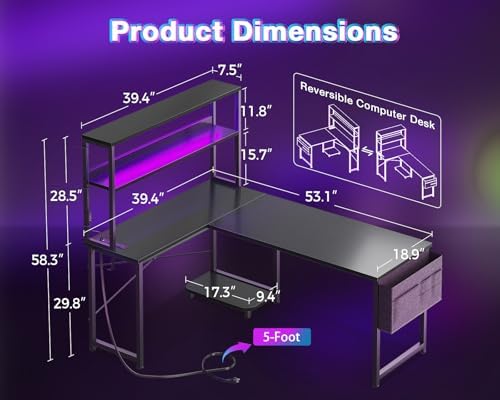 AODK L Shaped Desk Gaming Desk with LED Light & Power Outlet - Image 3