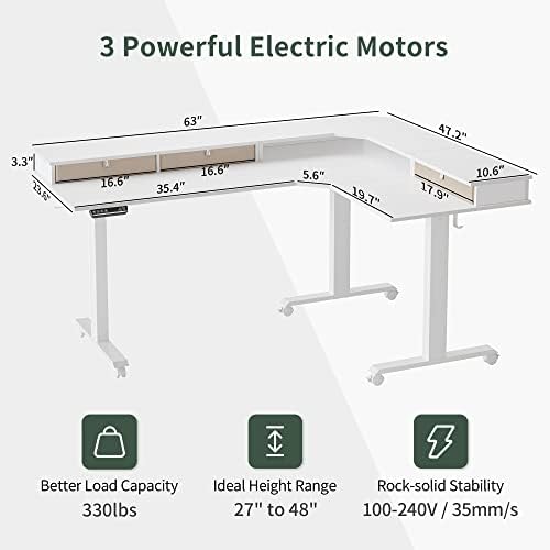 FEZIBO Triple Motor 63" L Shaped Standing Desk with 3 Drawers, Electric Standing Gaming Desk Adjustable Height, Corner Stand up Desk with Splice Board, White Frame/White Top - Image 3