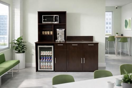 BREAKtime Breakroom Kitchenette Cabinet with 2-Door Storage, Mini Fridge Space & Upper Hutch, Microwave Space, Fully Assembled, 72" W x 24" D x 75" H, Appliances Not Included, Espresso - Image 4