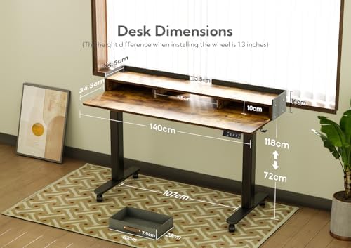 Claiks Standing Desk with Drawers & Wheels, 2 Height Shelf 55" Rustic Brown - Image 3
