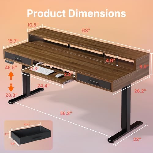 HUANUO 63″ x 26″ Electric Standing Desk with 2 Drawers &24.4″ Large Keyboard Tray, C-Clamp Mount Compatible, Adjustable Computer Desk for Office, Sit Stand Up Desk with 4 Height Presets, Deep Walnut - Image 2