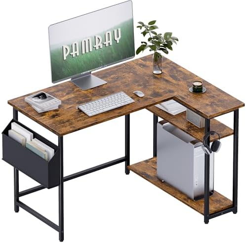 Pamray 40 Inch L Shaped Computer Desk with Reversible Side Storage Shelves, Small Corner Desk for Small Space Home Office, Writing Study Table PC Desk for Bedroom, Vintage by PAMRAY