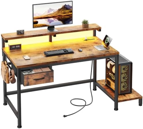 DurayLoly 32" Office Desk with Power Outlet & Fabric Drawer,Rustic Brown by Durayloly