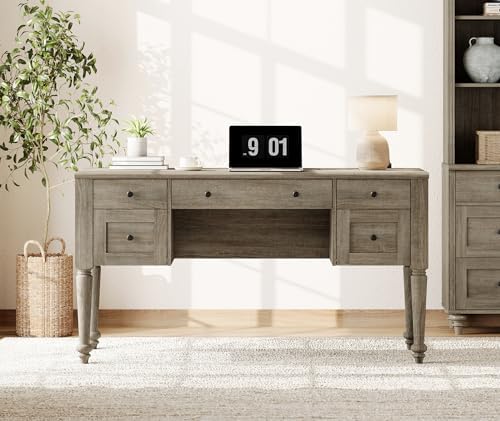 WAMPAT Farmhouse Executive Desk with Drawers, Vintage Writing Desk with Charging Station, Home Office Desk with Storage Cabinet & Open Shelf for Study, 56 Inch, Grey - Image 3