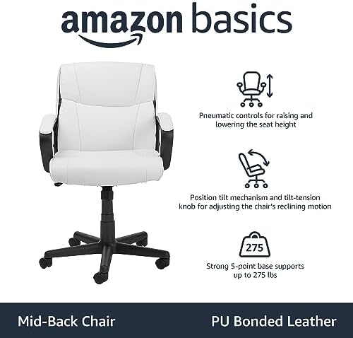 Amazon Basics Office Task Chair with Adjustable Height, 360° Swivel, Padded Armrests, Mid-Back, 275 Pound Capacity, BIFMA Certified, 24.2"D x 24"W x 38.6"H, White Faux Leather - Image 4
