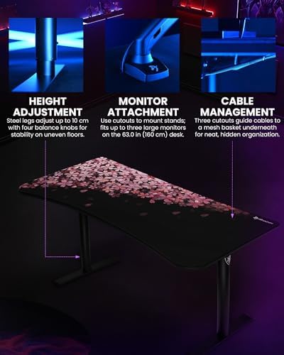 Arozzi Arena Special Edition Ultrawide Curved Gaming and Office Desk with Full Surface Water Resistant Desk Mat Custom Monitor Mount Cable Management Cut Outs - Flower - Image 3