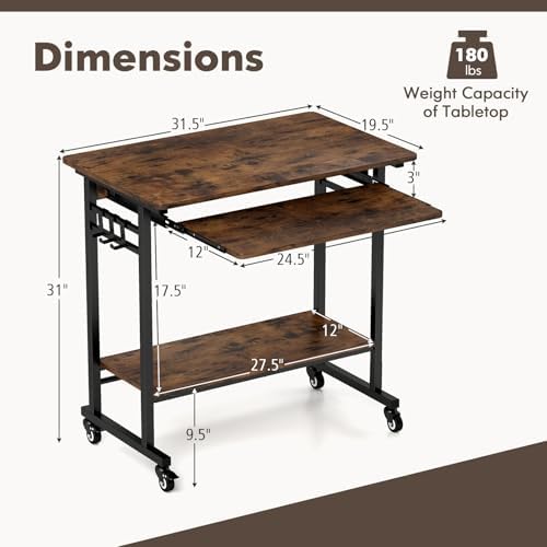 Tangkula Rolling Computer Desk Cart with Keyboard Tray, Mobile Portable Laptop PC Desk with CPU Stand & 3 Hooks for Sofa & Bed, Industrial Small Desk on Wheels for Small Spaces, Home Office Desk - Image 3