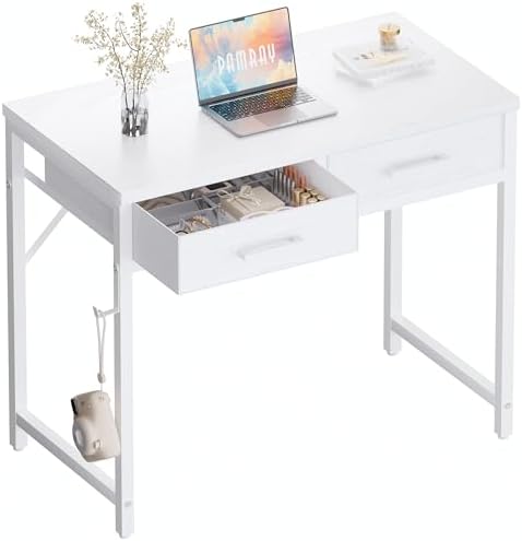 Pamray 32 Inch Small Computer Desk with 2 Drawers for Bedroom Study Writing Home Office Table for Small Spaces White by PAMRAY