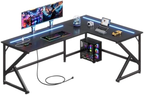 39.4'' L Shaped Gaming Desk with LED Lights & Power Outlets, Black Desk by GRANNYSAYS