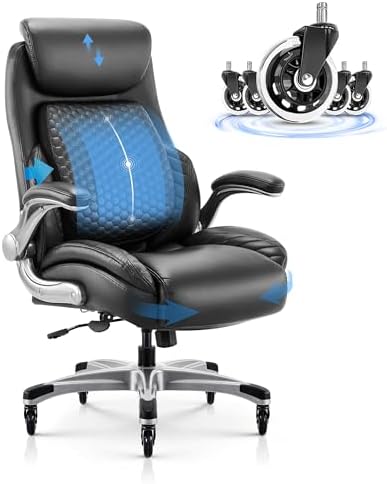COLAMY Office Ergonomic Desk High Back Executive Chair with Pop-Out Lumbar Support, Upgraded Casters, Adjustable Headrest, Flip-Up Arms, Leather Home with Thick Cushion for Comfort - Black by COLAMYHOME