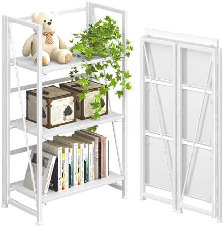 4NM No Assembly Folding Bookshelf Storage Shelves 3 Tier Vintage Bookcase Standing Racks Study Organizer Home Office by 4NM
