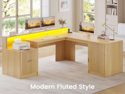 SEDETA 66" Modern L Shaped Desk with Drawers, Fluted Home Office Desk with File Cabinet and Printer Shelf, Wood Executive Desk with Monitor Stand, Power Outlets, Led Lights, Oak - Image 4