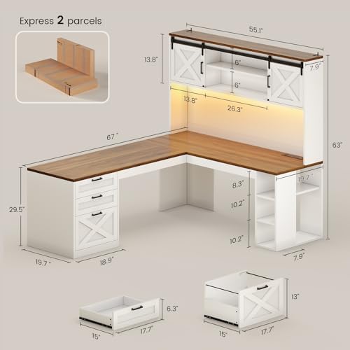 SEDETA 67" Farmhouse L Shaped Desk with Hutch, White+Brown - Image 2