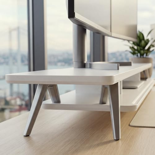 Fenge Dual Monitor Stand Riser, Wooden Desk Shelf with 2-Tier Storage - Image 6