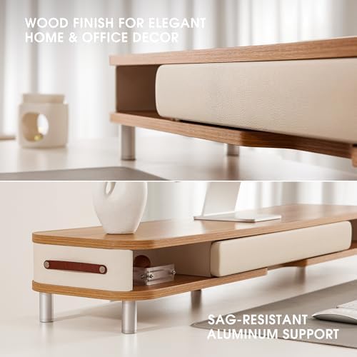 Fenge Dual Monitor Stand with Large Storage Drawer, 42.5" Desk Shelf, Oak - Image 5