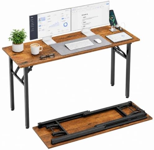 Folding Table Computer Desk - 55.1" No Assembly Folding Desk with Power Outlets & USB Charging Port, Small Desk, Foldable Office Desk, Compact Storage Portable Use for Small Space, Rustic Brown by HMFOR