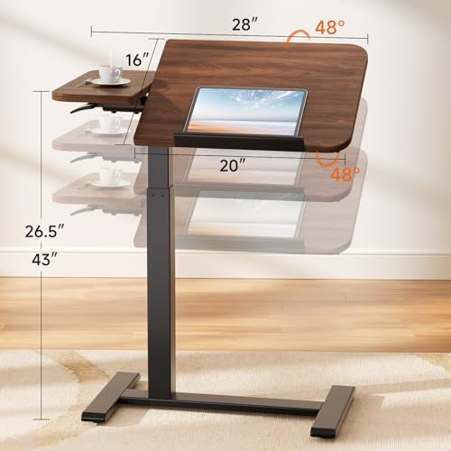 COMHOMA Tiltable Mobile Small Standing Desk, Pneumatic Adjustable Height Overbed Bedside Table with Wheels, Sit Stand Portable Rolling Laptop Desk Computer Workstations, Walnut - Image 2