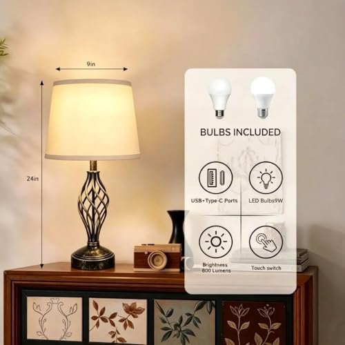 Ruiever Touch Table Lamps Set of 2, nightstand lamp with USB Ports Bedside 3 Way Touch dimmer Desk lamp for Living Room Bedroom,Gold and Black Brushed Spiral Cage Warm White Dimmer LED Bulb Included. - Image 2