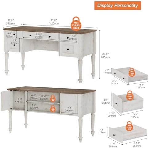 WAMPAT Vintage Writing Desk with Drawer & Cabinet, Farmhouse Executive Desk - Image 2