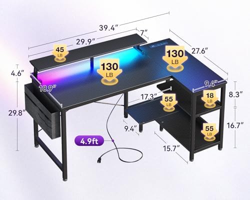 ODK 40 Inch L Shaped Gaming Desk with LED Lights, Power Outlets, Black - Image 3