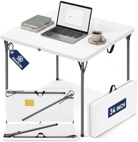 34" Square Folding Table for 4 Person, 330lbs Weight Capacity Foldable Table with HDPE Tabletop & Heavy-Duty Steel Legs, Large Portable Picnic Table for Indoor Outdoor Parties, Camping, White by GlowitLian