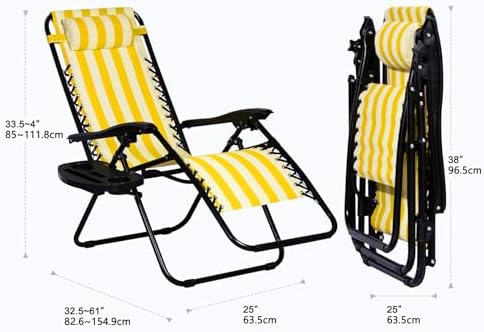 Nazhura Set of 2 Relaxing Recliners Patio Chairs Adjustable Steel Mesh Zero Gravity Lounge Chair Beach Chairs with Pillow and Cup Holder (Yellow Stripe) - Image 3