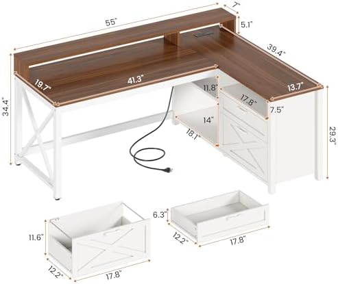 SEDETA Farmhouse L Shaped Desk, 55" Home Office Desk with Drawers and Storage Shelves, L Shaped Gaming Desk with LED Lights, Power Outlet and Monitor Shelf, Brown - Image 2
