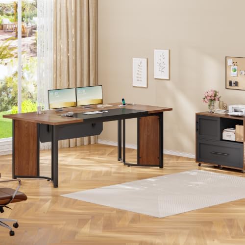 UPOSOJA 63" Executive Desk with Mobile File Cabinet, Large Office Desk with Drawer, Modern L Shaped Desk with Power Outlets, Storage Shelves, Corner Computer Desk Business Workstation Set (Walnut) - Image 4