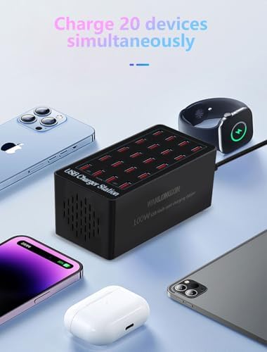 USB Charging Station,100W 20-Port Multi Smart Safety Fast Charger Station for Phone Tablet Watch Headphone PS, Compact Desktop Charger Home Office Travel - Image 2