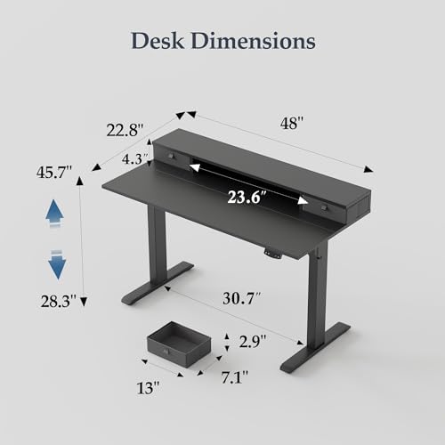 Klicelor 48 x23 Inch Electric Standing Desk with Drawers, Adjustable Height Small Sit Stand Desk for Home Office, Compact Computer Workstation with Storage– Black - Image 3