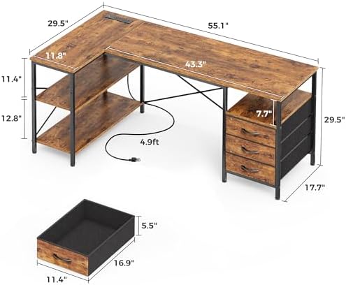 Huuger L Shaped Office Desk with Power Outlets & 3 Drawers - Image 3