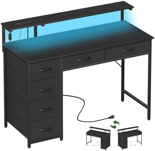 Somdot Computer Desk with Power Outlet and LED Lights, Desk with 6 Drawers by Somdot