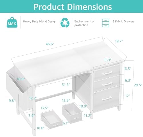Lufeiya White Desk with File Drawers Cabinet, 47 Inch Reversible Computer Desk with Fabric Filing Cabinet for Bedroom Small Space Home Office, Modern Writing Table PC Desks, White - Image 3