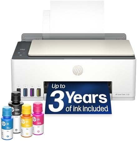 HP Smart Tank 5100 Wireless All-in-One Refillable Printer, Scanner, Copier with up to 3 Years of Ink Included, Best-for-Home, Cartridge-Free, AI-Capable (9B2D1A) by Unknown