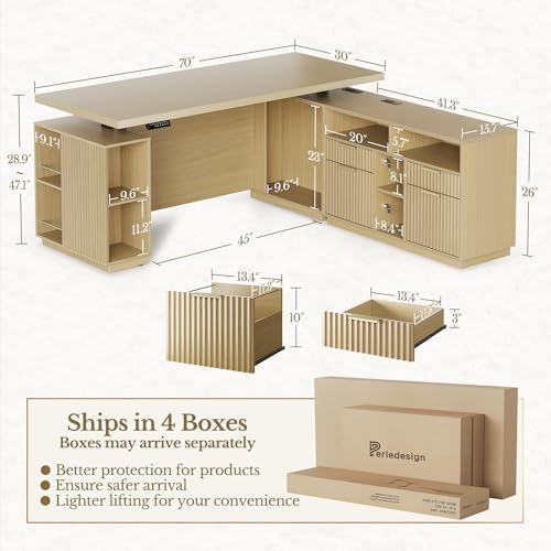 Standing Desk with File Cabinet, 70 Inch L Shaped Electric Height Adjustable Executive Desk with AC/USB and Privacy Panel, Computer Corner Table for Home Office, Light Walnut - Image 2