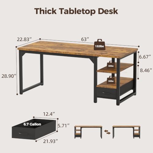 Mericonia 63 in Computer Desk with Drawer, 1" Thick Reversible Office Desk - Image 3