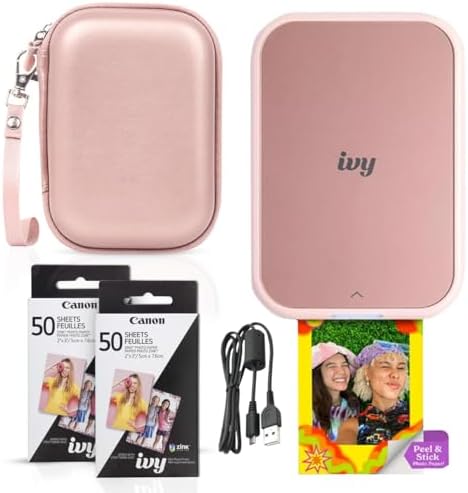 Canon Ivy 2 Mini Photo Printer (Blush Pink) - Bluetooth, Print from iOS & Android Devices, Bundle Incl. 110 Zink Sticky-Back Prints, LED Light Bar, Protective Case, and USB Cable by Unknown