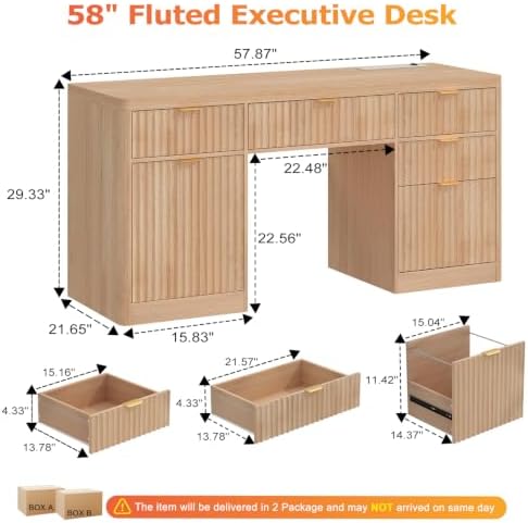 knoworld Fluted Executive Desk with Charging Station, 58" Wood Home Office Desk with 4 Drawers, 1 File Cabinet, 1 Storage Cabinet, Modern Writing Desk for Work, Living Room, Bedroom (Natural) - Image 2