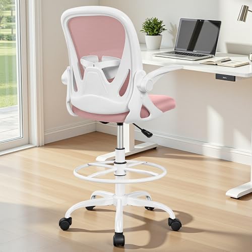 Primy Drafting Chair Tall Office Chair with Flip-up Armrests Executive Ergonomic Computer Standing Desk Chair with Lumbar Support and Adjustable Footrest Ring (Rose Quartz) - Image 2