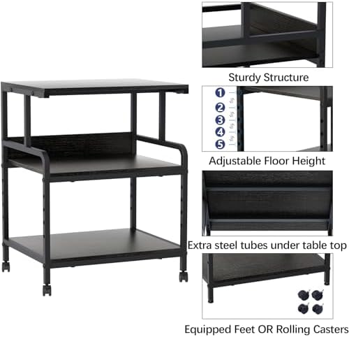 Arbuxzuy Large Printer Stand with Storage Shelf, 23.6" W x 18.9" D Printer Cart with Wheels, 3 Tier Mobile Printer Table for Home Office,Stands for Heat Press Scanner Fax (Black) - Image 3