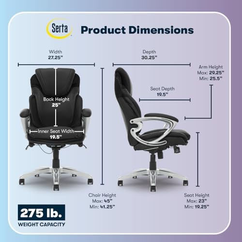 Serta Bryce Executive Office Chair, Ergonomic Computer Desk Chairs with Patented AIR Lumbar Support, Comfy Body Pillows, Height Adjustable, Swivel Base with Wheels, Bonded Leather, Black - Image 3