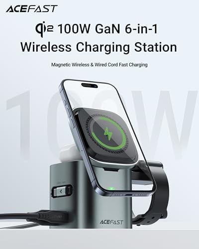 ACEFAST 6-in-1 100W GaN Fast Charging Station for iPhone 17 16 Series,with USB C Retractable Cable,Qi2 25W Magnetic Wireless Charger Desktop Stand for iWatch/for Samsung Galaxy Watch/Airpods - Image 2