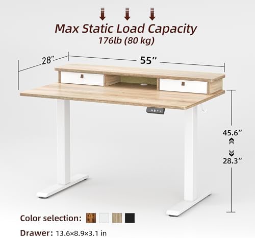 TIQLAB Standing Desk with Two Drawers, Stand Up Standing Desk Adjustable Height, Electric Sit Stand Table with Storage Shelf and Splice Board, 55 * 28 inch, Maple - Image 3